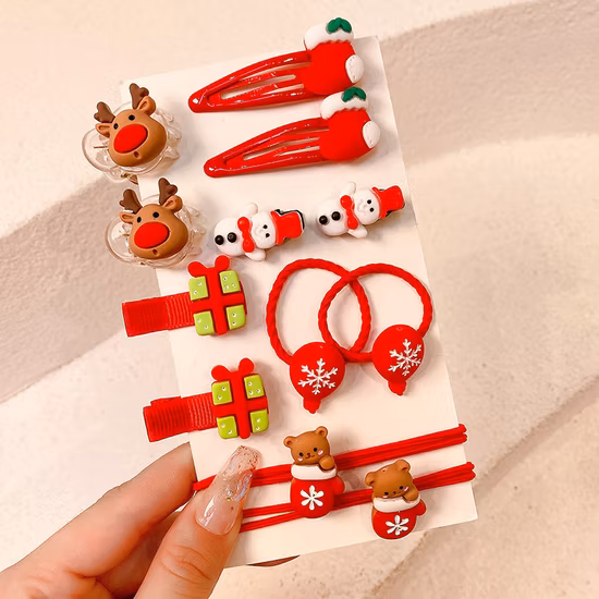 12PCS Christmas Hair Rings Clips Ornaments Xmas Gifts Red Accessories