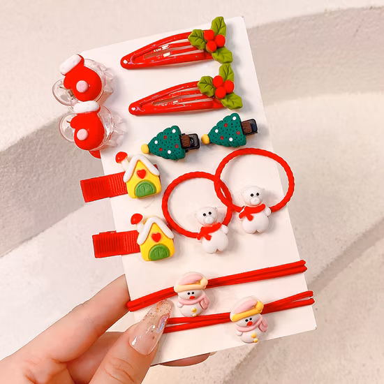 12PCS Christmas Hair Rings Clips Ornaments Xmas Gifts Red Accessories